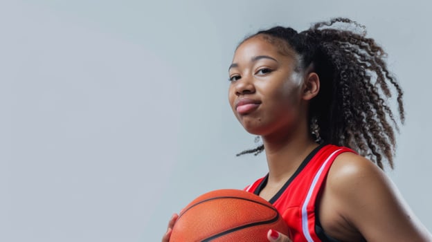 Confident female basketball player holding a ball and dressed in sporty red jersey exhibits athleticism and determination photo