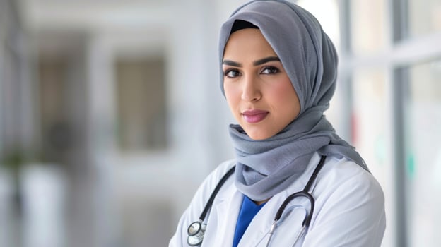 Confident female doctor in hijab with medical stethoscope at healthcare facility photo