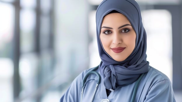 Portrait of a confident Arab nurse wearing a hijab with a professional and friendly demeanor in healthcare setting photo
