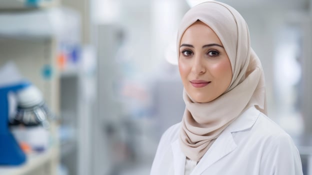 Confident female researcher in hijab smiles in a well-equipped laboratory setting photo