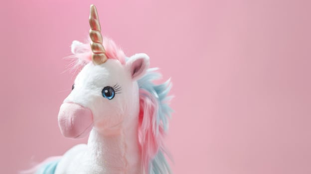 Cute plush unicorn toy in pink and white with a fluffy fantasy aesthetic photo