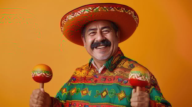 AI generated Smiling middle-aged Mexican man with colorful maracas and sombrero photo