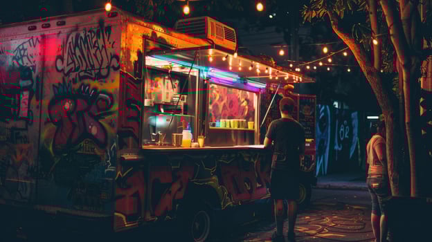 AI generated Taco street food truck. Van with urban vibe, graffiti, string lights dark evening photo