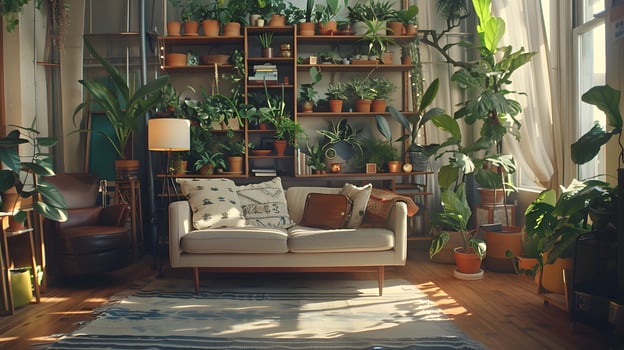 Unwind in this Serene Scandinavian-infused Urban Jungle Living Room with Abundant Houseplants and Inviting Furnishings photo