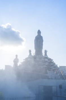 View of Ba Den mountain tourist area, Tay Ninh province, Vietnam. A unique Buddhist architecture with the highest elevation in the area view from below is very beautiful. photo