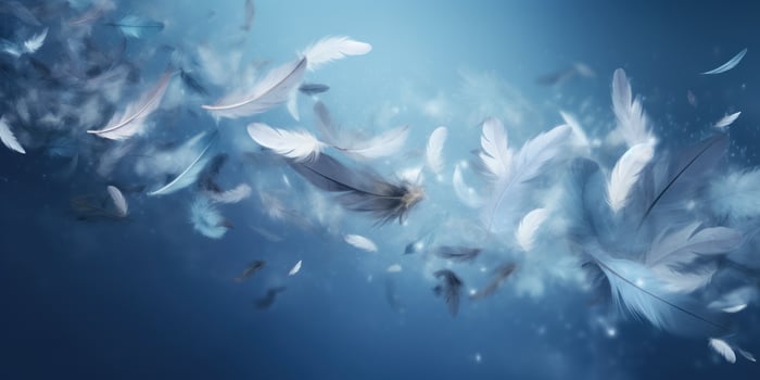 AI Generated Soft Feathers Floating On Gentle Blue Background. Harmony and Elegance. Delicate White Feathers. Generative AI photo