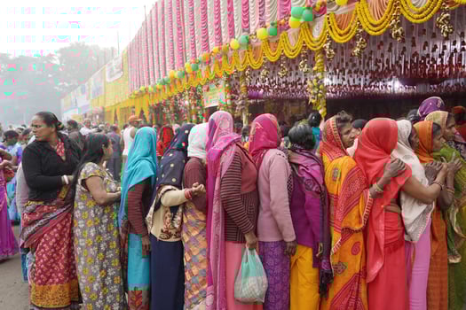 15th January 2023, Kolkata, West Bengal, India.Crowd for taking breakfast at Kolkata Ganga Sagar Transit Camp photo