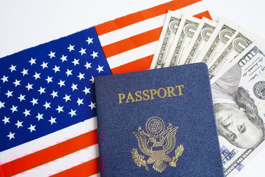US passport with USA dollar money, American citizen in United States of America. photo