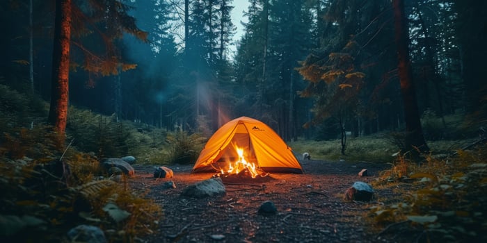 Campfire Burning in Forest With Tent in Background photo