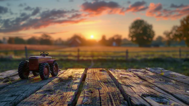 Tractor Parked in Field at Sunset photo