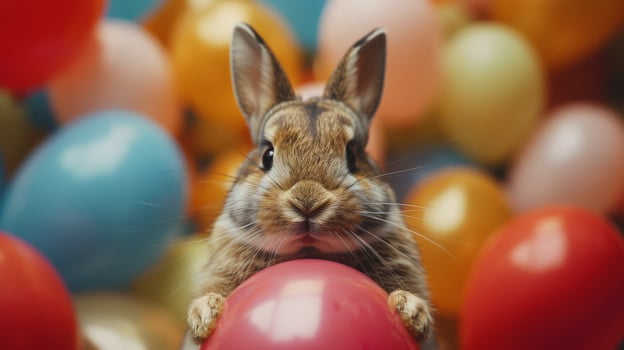 Rabbit Sitting in Field of Eggs photo