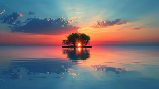 Majestic Sunset With Palm Trees and Island in Ocean photo