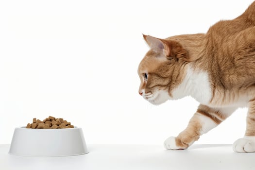 kitten cat sitting near the bowl of pet food. photo