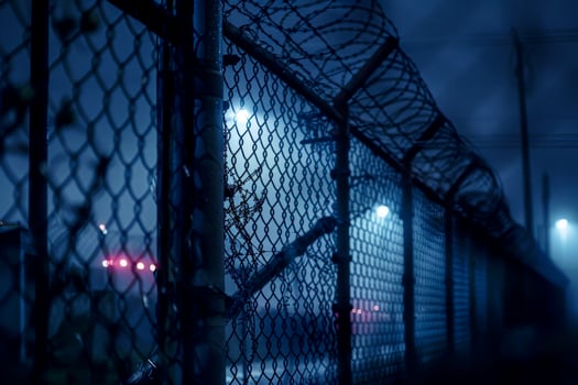 A closeup of the barbed wire on top of an outdoor fence symbolizing security and protection photo