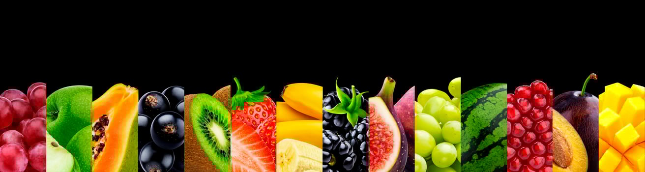 Collage of fruits isolated on black background with copy space photo