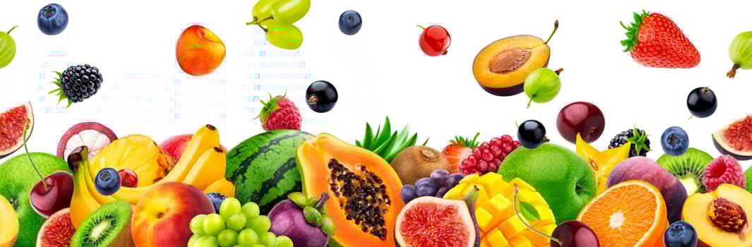 Different fruits on white background with copy space photo
