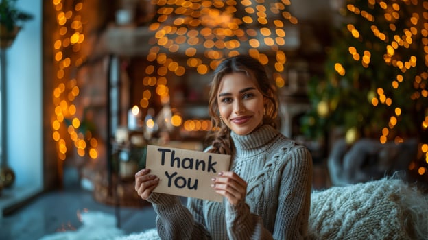 Grateful Woman Holding 'Thank You' Sign with Festive Lights photo