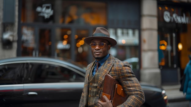 Stylish Man in Hat with Briefcase on Urban Street photo