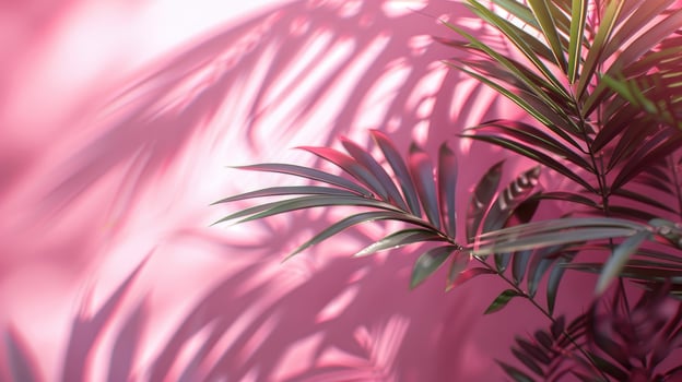 Soft light washes over a selection of tropical leaves, highlighting fine details against a pastel pink background photo