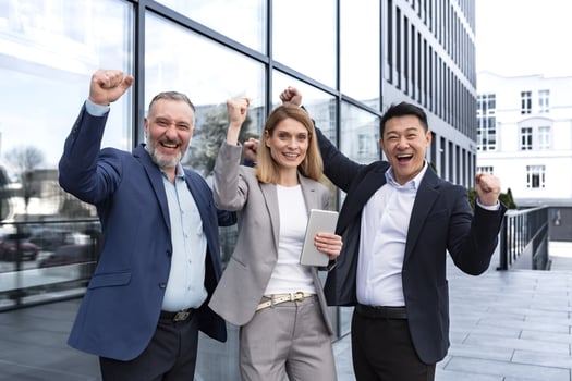 Success Happy Group business people excited rejoicing looking at camera after successful completion project, and smiling Portrait diverse team employees celebrating victory. photo