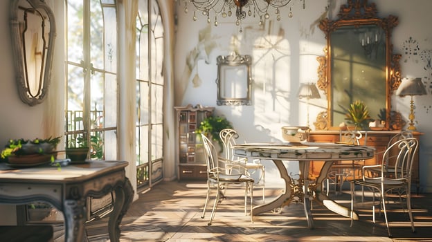 Elegant and Refined Dining Room Exuding a Cozy Ambiance of Vintage Charm photo