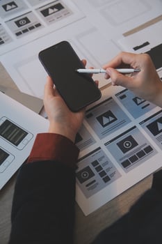 UX UI design process for modish mobile application and website . Creative prototype of wireframe for professional app developer . photo