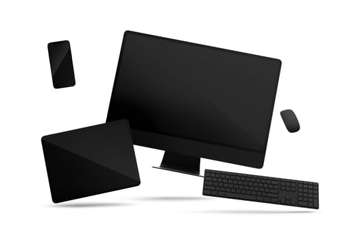 Flying Computer Tablet Phone Screen on white background photo