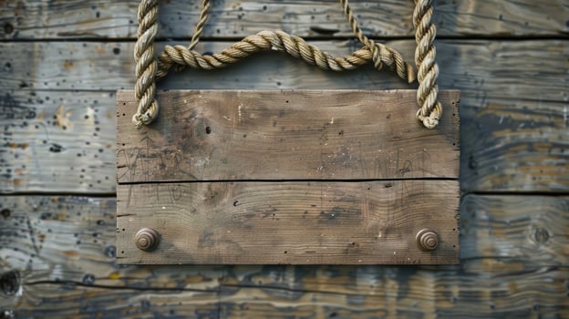 Blank mockup of a rustic pier sign with a distressed wood background and rope detailing. photo