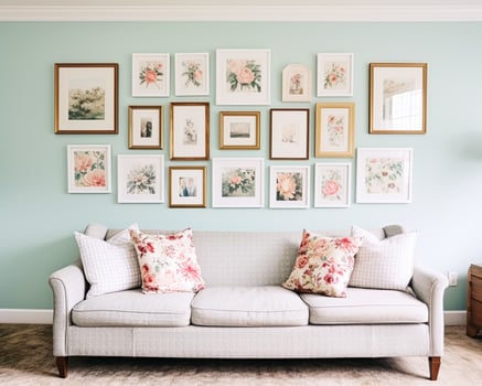 Living room gallery wall, home decor and wall art, framed art in the English country cottage interior, room for diy printable artwork mockup and print shop photo