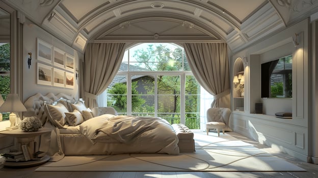 Lavish Bedroom Sanctuary Overlooking Verdant Garden Oasis photo