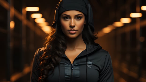 Fitness women, wear black tracksuit, fitness shoes, realistic, 8k, high resoulation, octane render photo