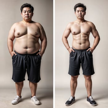 Before and after image of an Asian man showcasing the results of his weight loss photo
