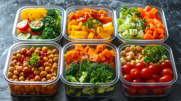 Table With Plastic Containers Filled With Different Types of Food photo