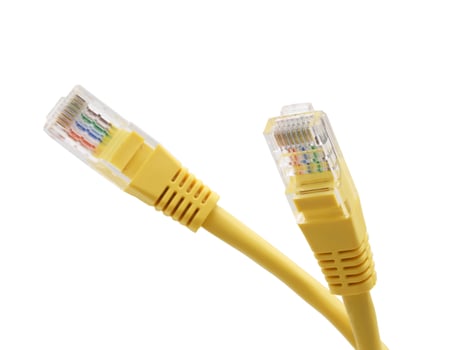Yellow network cables with molded RJ45 plug isolated on white background photo