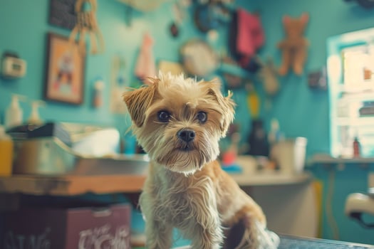 A Yorkshire Terrier dog getting a haircut from a groomer in a salon. Pet on grooming photo