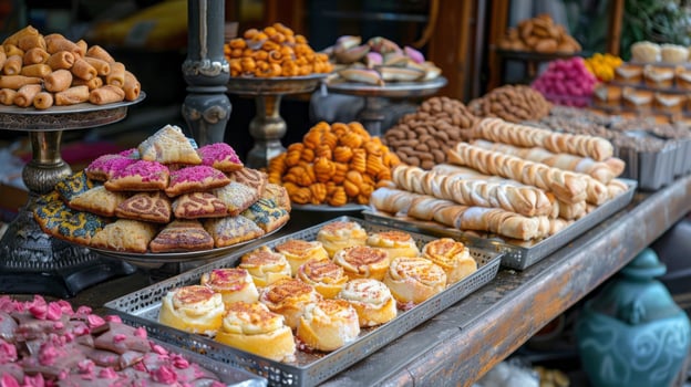 A colorful Eid market stall selling freshly baked pastries and sweets photo
