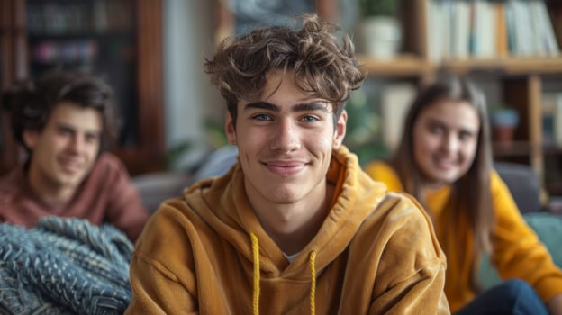 A teenager proudly coming out to supportive friends in a cozy living room, pride month theme photo