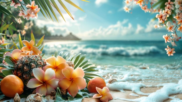 Tropical Scene With Flowers and Fruit on the Beach photo