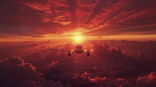 Plane Flying in the Sky at Sunset photo