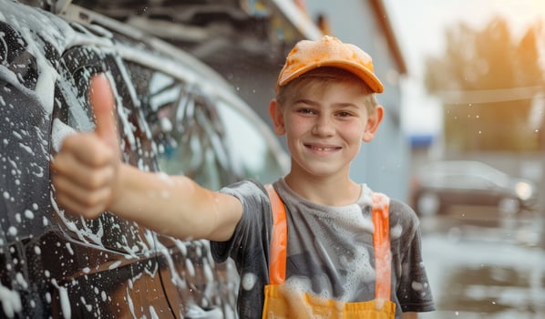 Young Boy Giving Thumbs Up In Front Of Car. photo