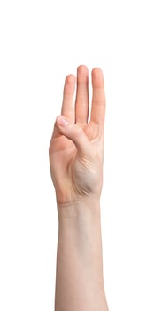 Hand showing 3 fingers up isolated on white background photo