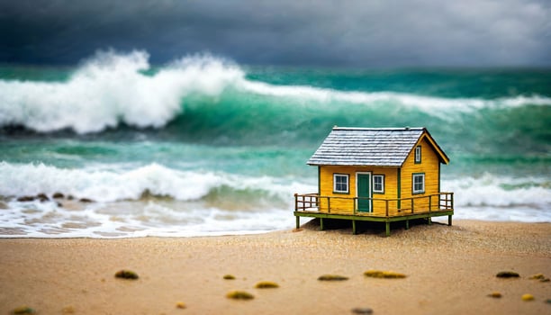 miniature scene of tiny house of sand beach island, photo