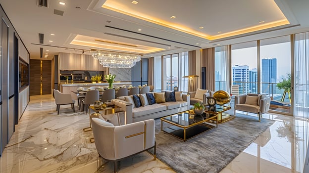 Luxurious Penthouse Interior with Lavish Furnishings and Breathtaking City Views photo