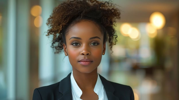 Woman in Suit Standing in Hallway photo