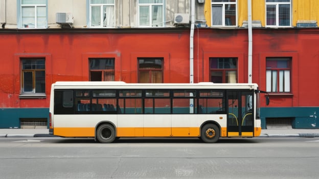 Yellow and White Bus Parked in Front of Building. AI-generated photo