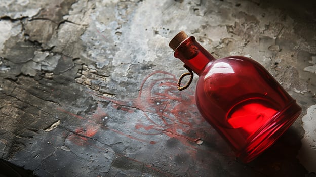 The red potion bottle of the Middle Ages, glass bottle. Generated by artificial intelligence. photo