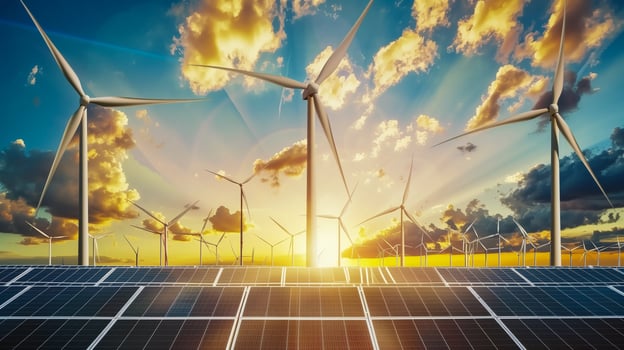 Solar farm, Solar cells panels and wind turbines for electricity alternative renewable energy. photo
