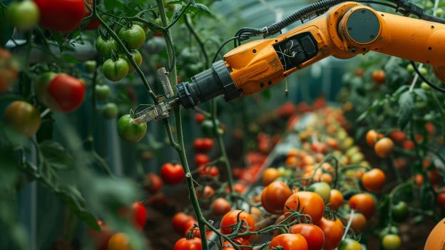 Industrial robotic arm harvesting tomatoes in greenhouse, agriculture automation technology concept for modern farming photo
