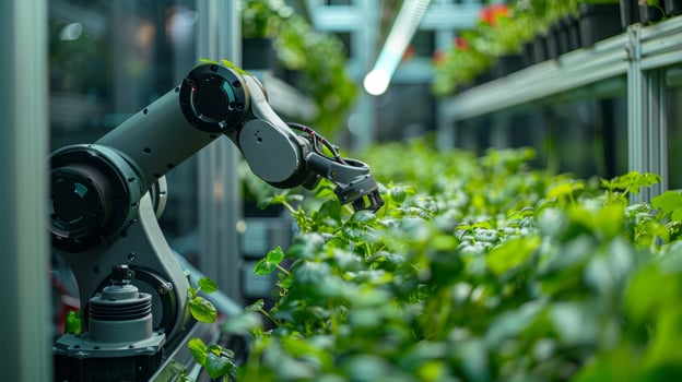 Close-up of robotic arm working in a greenhouse. Modern technology. photo