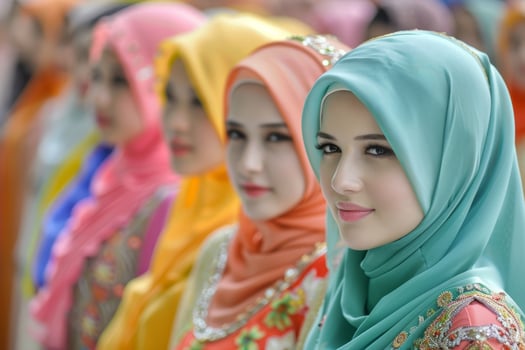 Beautiful Muslim women in colorful hijabs pose in a row, showcasing cultural diversity and beauty of traditional Islamic fashion photo